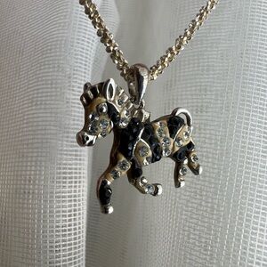 Solid 925 Sterling Silver Rhinestone Zebra Pendant 16” Necklace